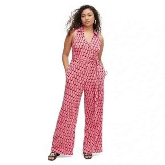 Diane Von Fürstenberg DVF Pink Retro Wide Leg Collared Jumpsuit New - Picture 4 of 7